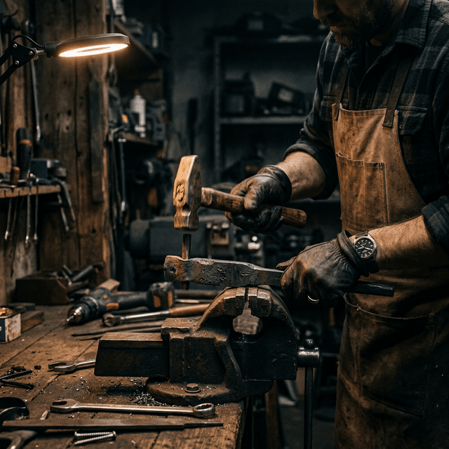 Hands working with tools in a rugged workshop showing Werkstolz.